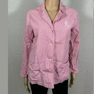 Lauren Ralph Lauren Women's Embroidered Logo Pink Striped Pajama Top Preppy
